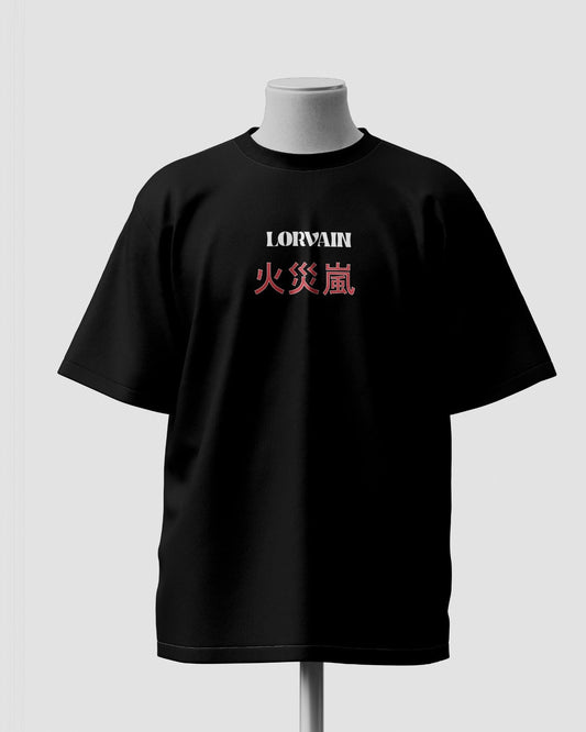 Black t-shirt with front and back designs on mannequins against a light gray background