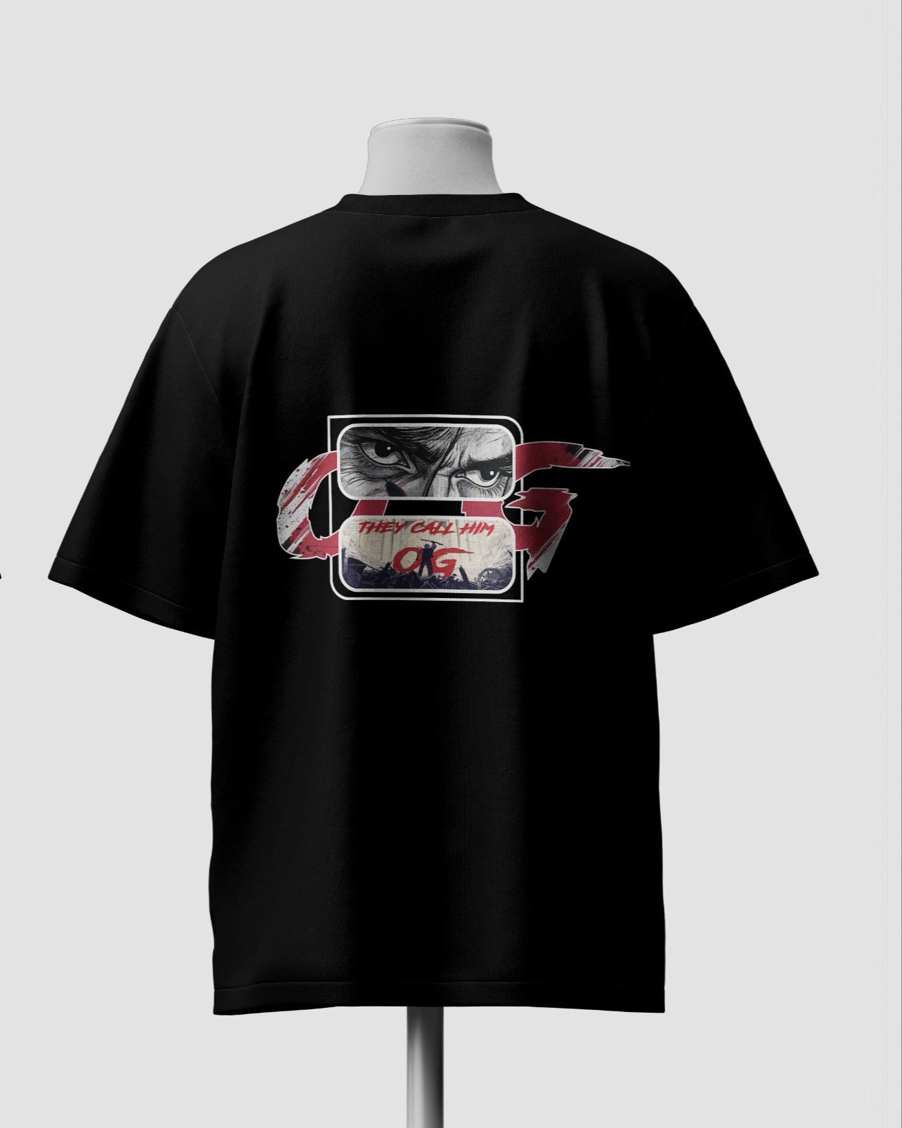 Black t-shirt with front and back designs on mannequins against a light gray background