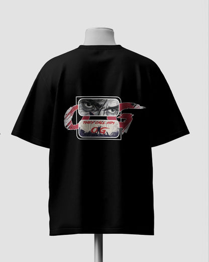 Black t-shirt with front and back designs on mannequins against a light gray background