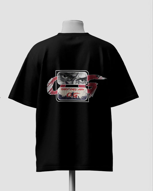 Black t-shirt with front and back designs on mannequins against a light gray background