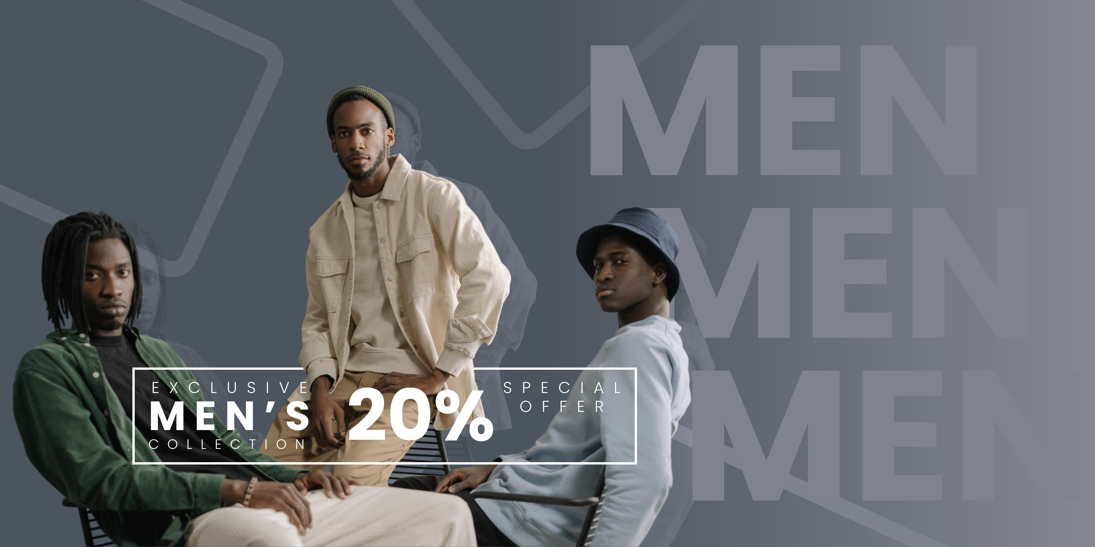 Three men sitting together with promotional text for a men's clothing collection and special offer.