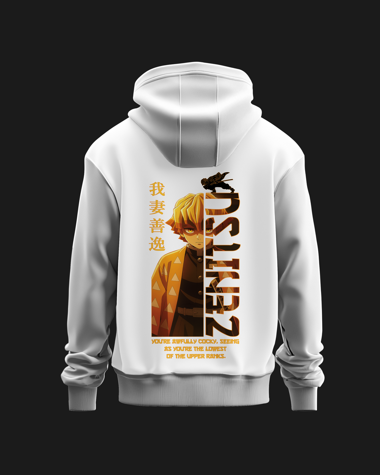 White hoodie with graphic design and text on a black background