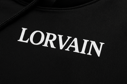 Black LORVAIN hoodie fabric and text close-up