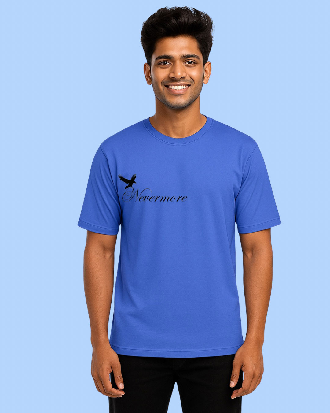 Solid Round Neck Cotton Blend Blue T-Shirt