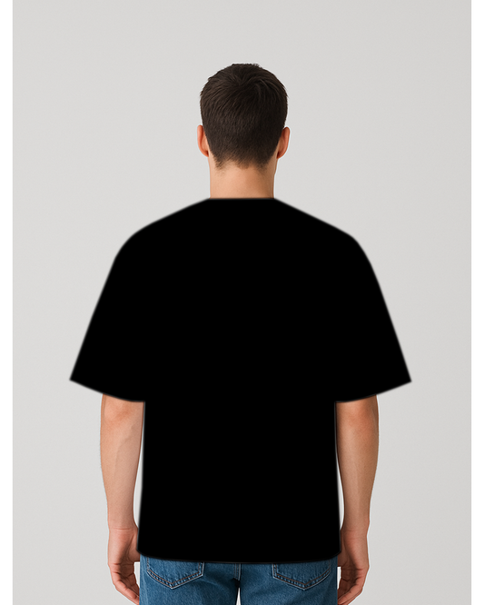 Over-sized Printed Round Neck Cotton Blend Black T-Shirt
