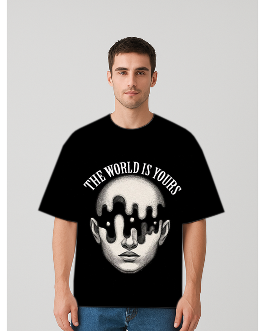 Over-sized Printed Round Neck Cotton Blend Black T-Shirt