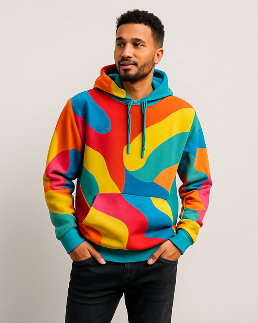 generate a 3:4 ratio image of a hoodie with colour weard by a men standing in front plain wall 