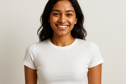 Indian woman in white short sleeve crop top - closeup