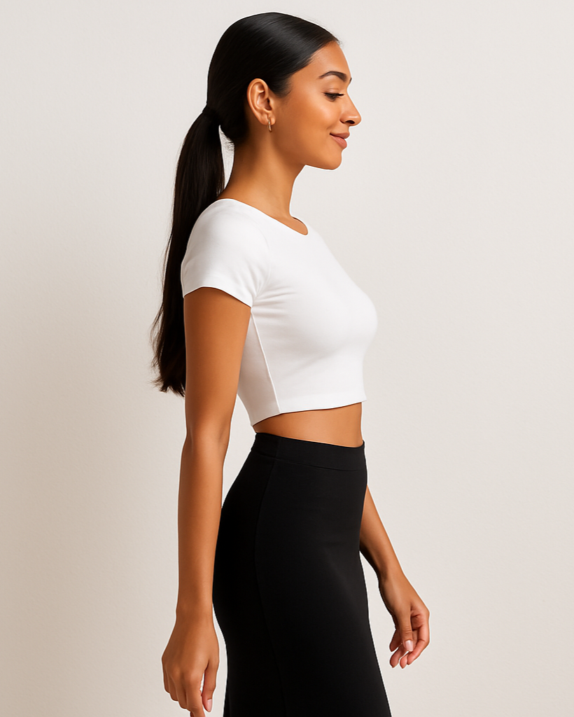 Indian woman in white short sleeve crop top - side view