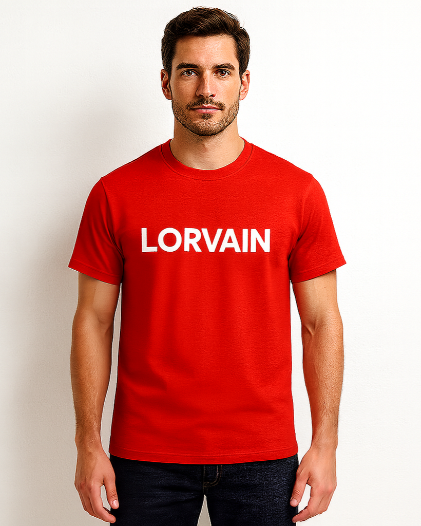 Red T-shirt Front View with LORVAIN Logo