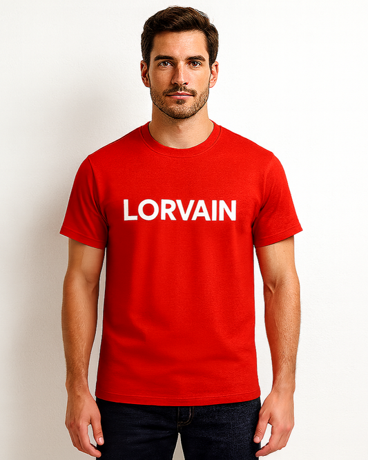 Red T-shirt Front View with LORVAIN Logo
