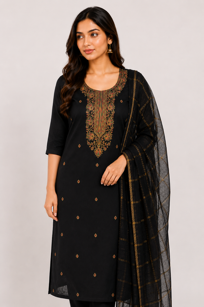 Black Embroidered Straight Kurta Set with Dupatta | Elegant Ethnic Wear for Women
