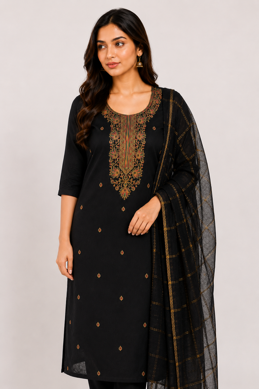 Black Embroidered Straight Kurta Set with Dupatta | Elegant Ethnic Wear for Women