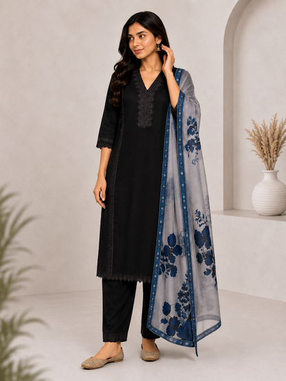 Elegant Black Lace Detail Kurti Set with Floral Printed Dupatta | Women's Straight Kurta Pant Set