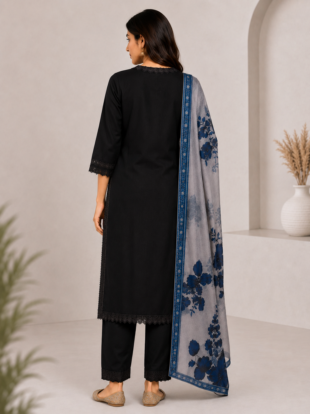 Elegant Black Lace Detail Kurti Set with Floral Printed Dupatta | Women's Straight Kurta Pant Set