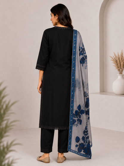 Elegant Black Lace Detail Kurti Set with Floral Printed Dupatta | Women's Straight Kurta Pant Set