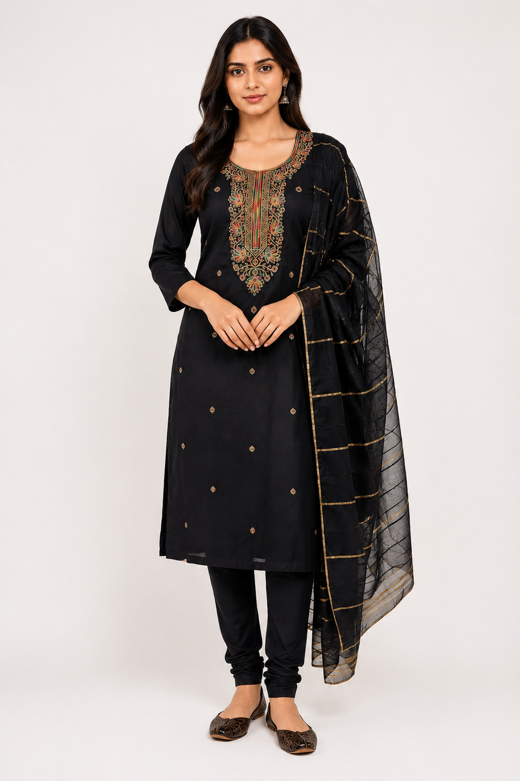 Black Embroidered Straight Kurta Set with Dupatta | Elegant Ethnic Wear for Women