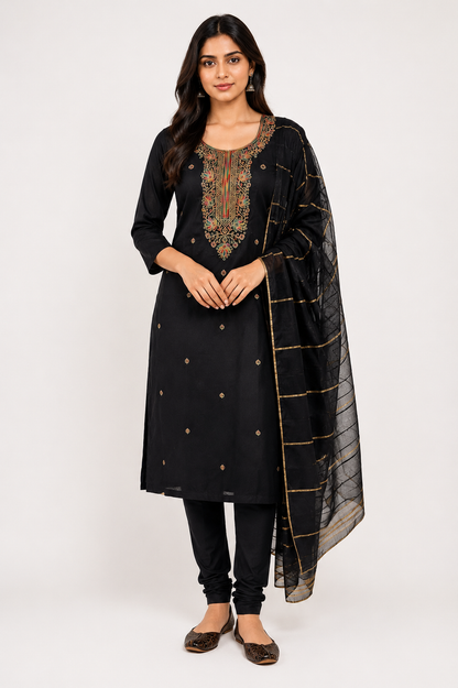 Black Embroidered Straight Kurta Set with Dupatta | Elegant Ethnic Wear for Women