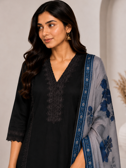 Elegant Black Lace Detail Kurti Set with Floral Printed Dupatta | Women's Straight Kurta Pant Set
