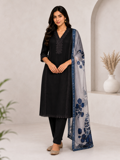 Elegant Black Lace Detail Kurti Set with Floral Printed Dupatta | Women's Straight Kurta Pant Set
