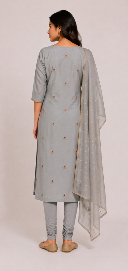 Grey Embroidered Straight Kurta Set with Dupatta | Elegant Ethnic Wear for Women