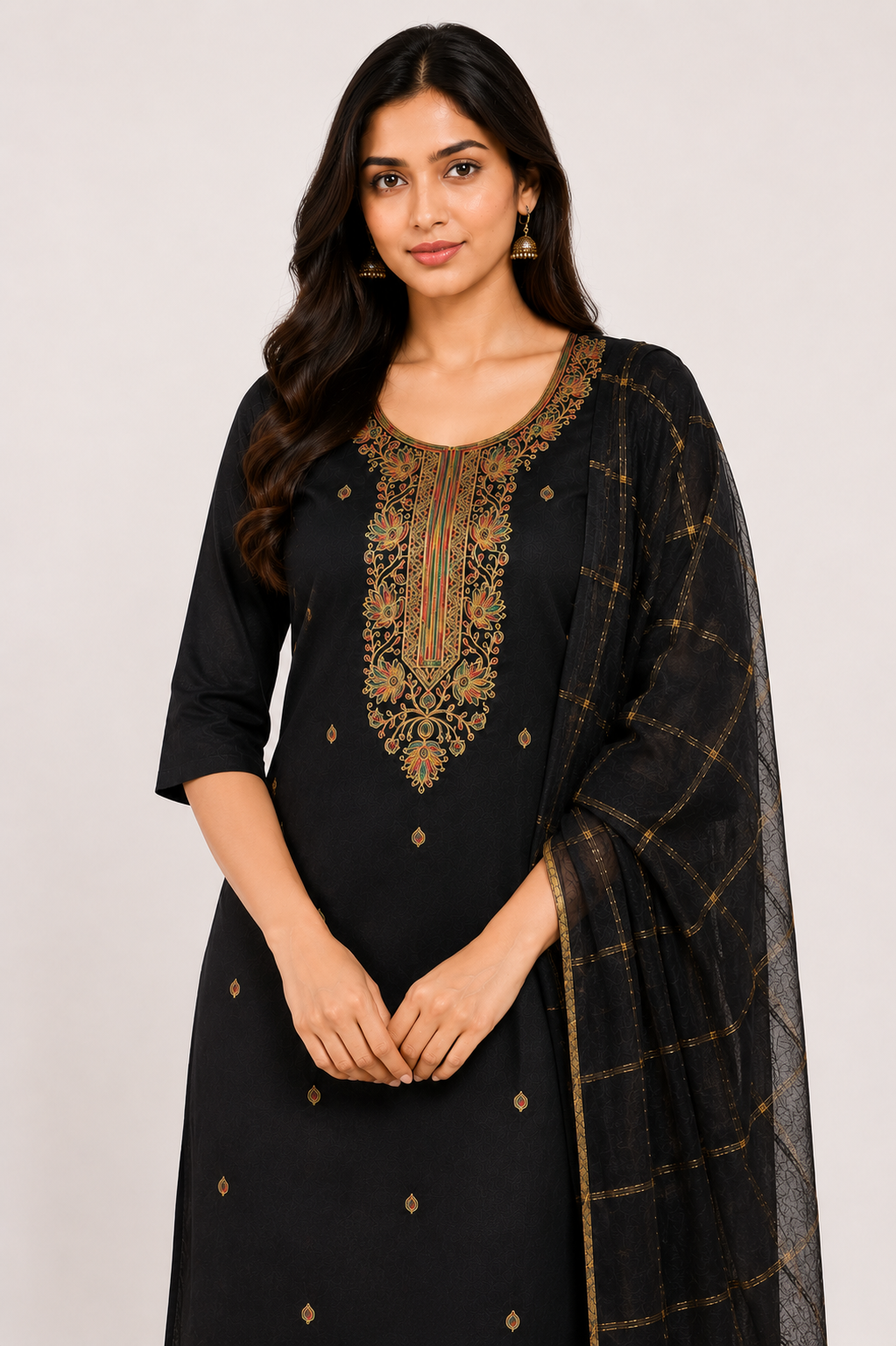 Black Embroidered Straight Kurta Set with Dupatta | Elegant Ethnic Wear for Women