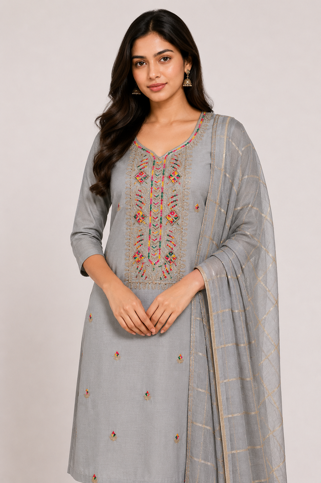 Grey Embroidered Straight Kurta Set with Dupatta | Elegant Ethnic Wear for Women