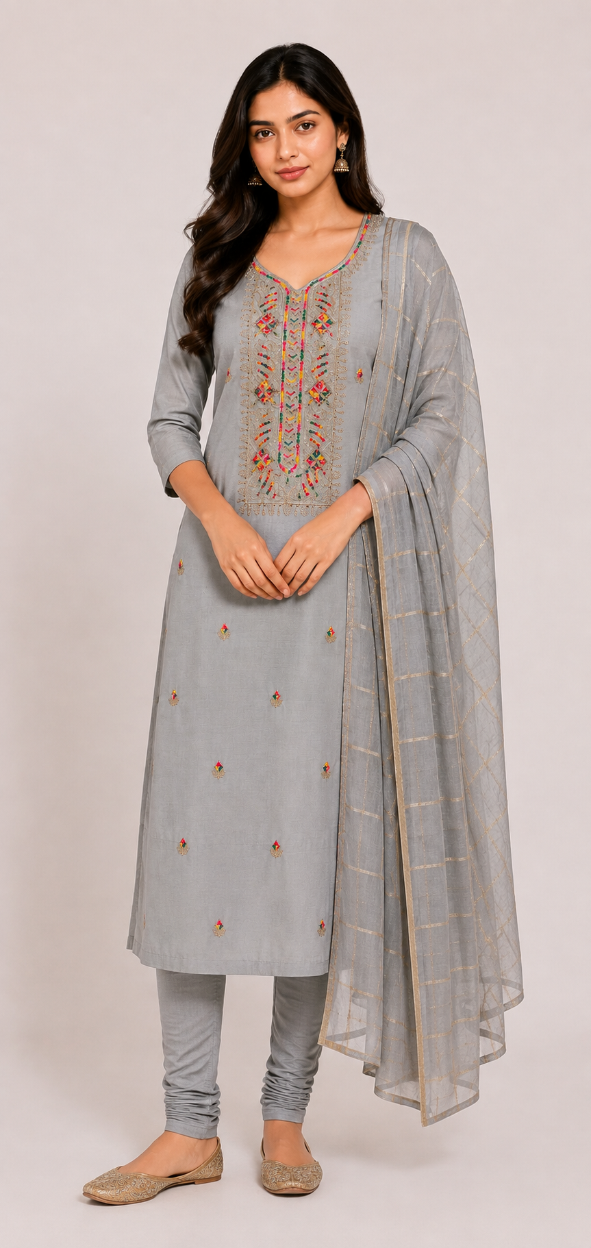 Grey Embroidered Straight Kurta Set with Dupatta | Elegant Ethnic Wear for Women
