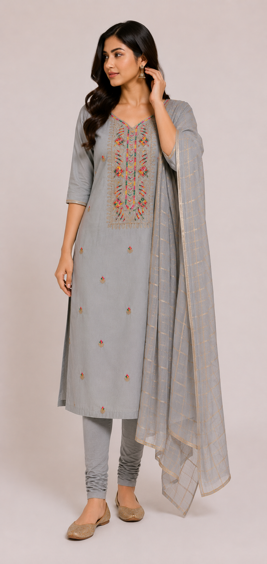Grey Embroidered Straight Kurta Set with Dupatta | Elegant Ethnic Wear for Women