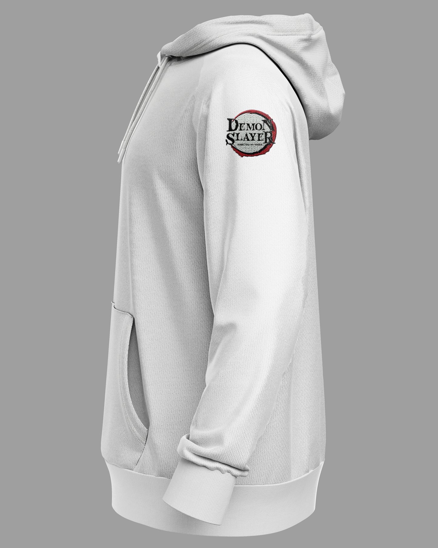 White hoodie with a logo on the sleeve against a gray background